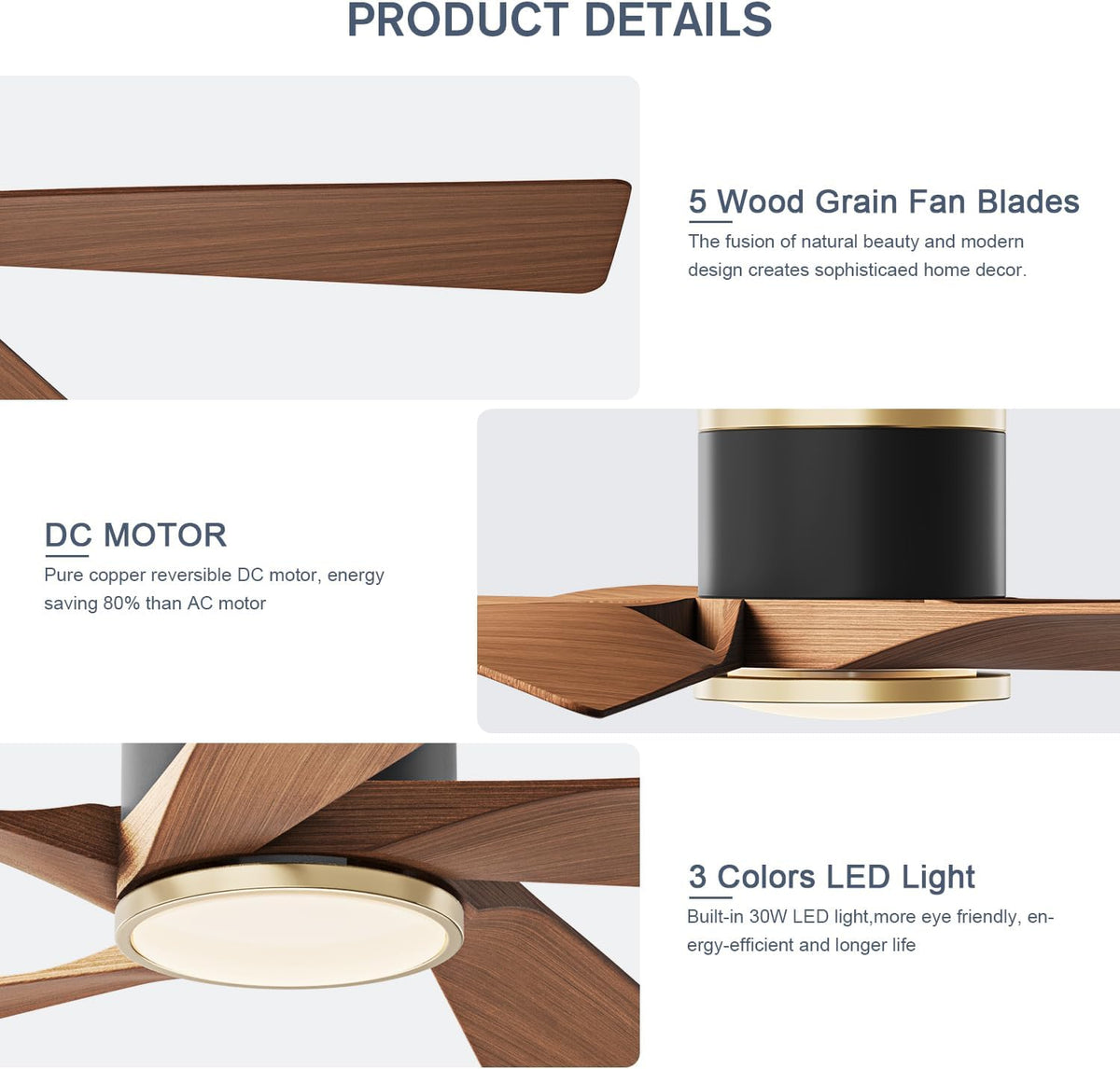 TXCSLY 52" Modern Walnut Ceiling Fan with Light & Remote, Indoor/Out...