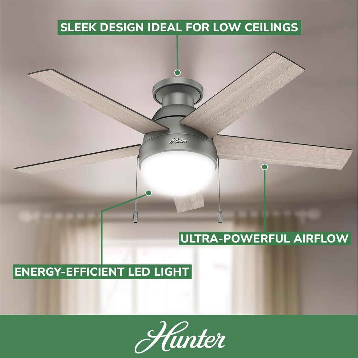 Hunter Anslee, Indoor, Ceiling Fan, with LED Light, 46 inch, Matte Silver