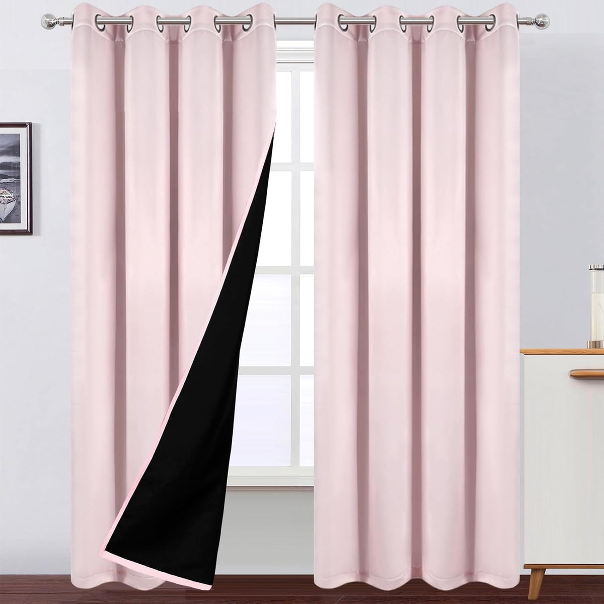100% Blackout Curtains 52 x 84 Inches Long Thermal Insulated Baby Pink Curtai...