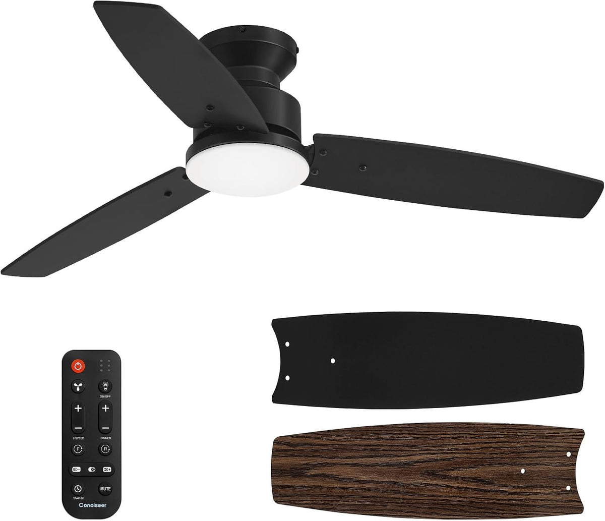 Conciseer 42 Inch Ceiling Fans with Lights and Remote, Flush Mount, Black