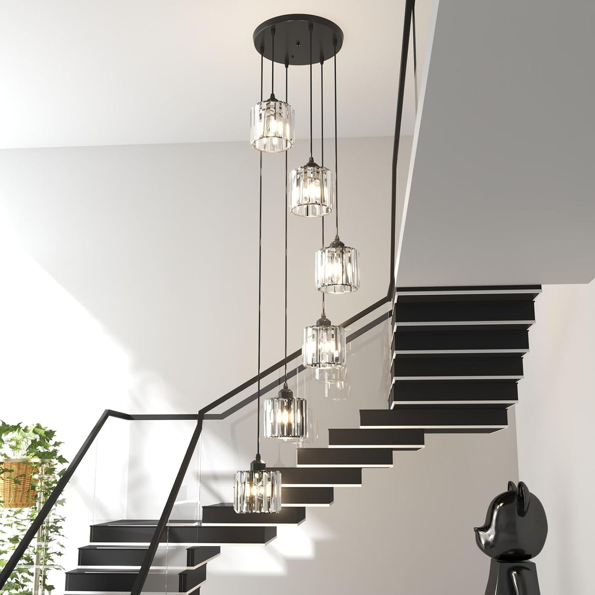 6-Light Crystal Raindrop Chandelier, Black, for High Ceilings
