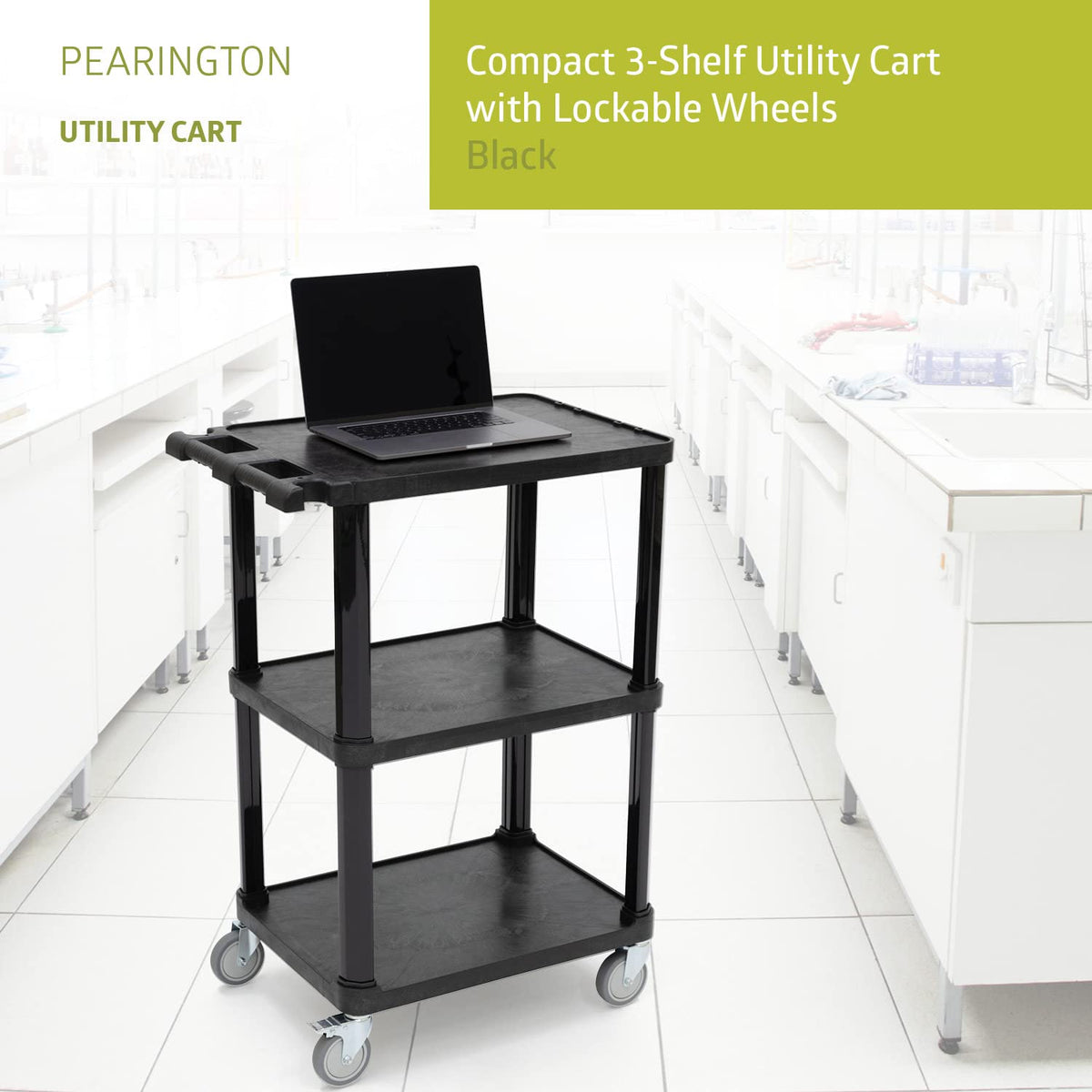 Pearington 3-Tier Compact Multi-Purpose Plastic Utility Cart with Lockable Wh...