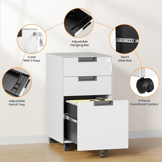 3 Drawer File Cabinet with Lock, Fully Assembled Metal Mobile Filing Cabinets