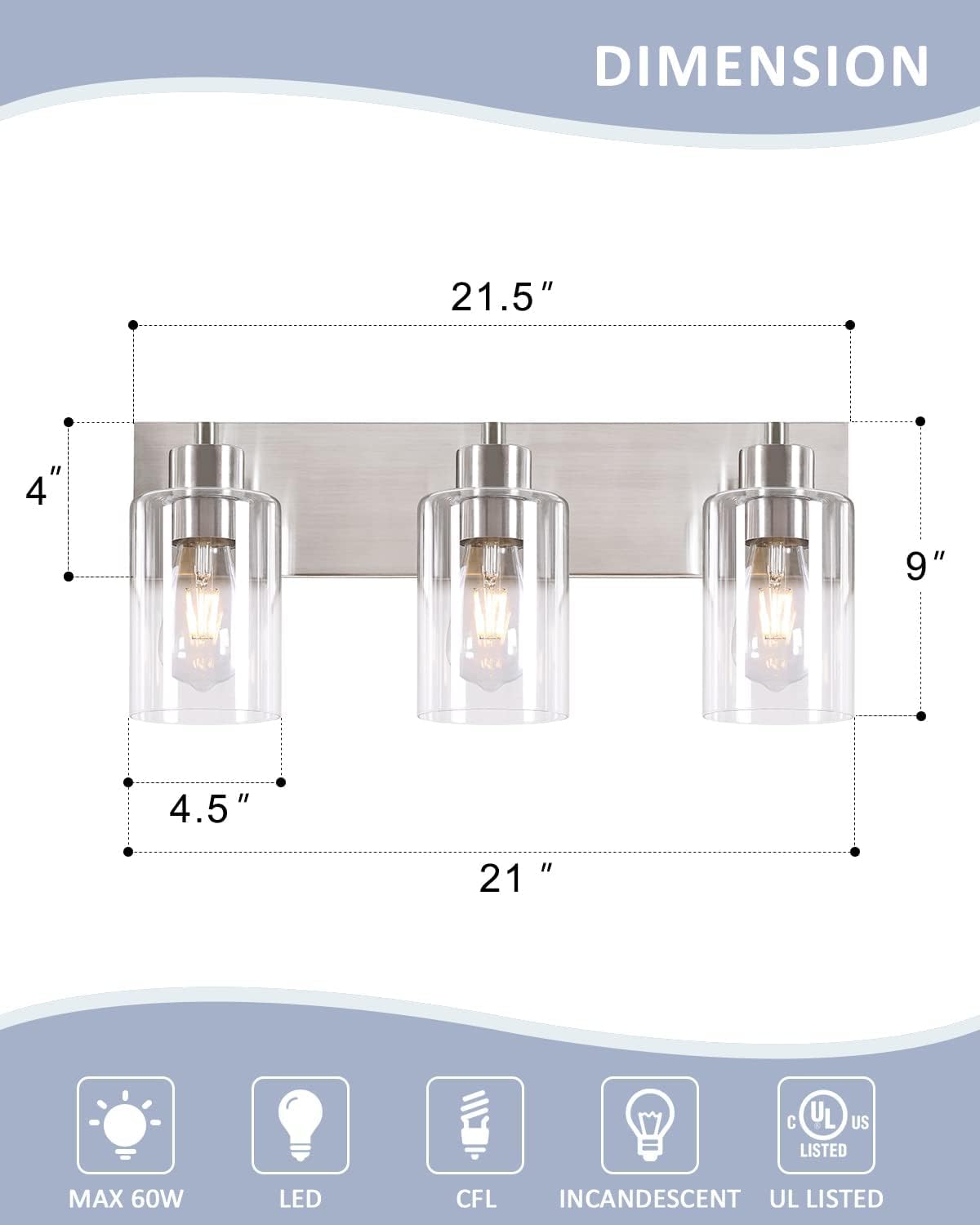 Brushed Nickel Bathroom Vanity Lights 3-Light, Clear Glass Shade