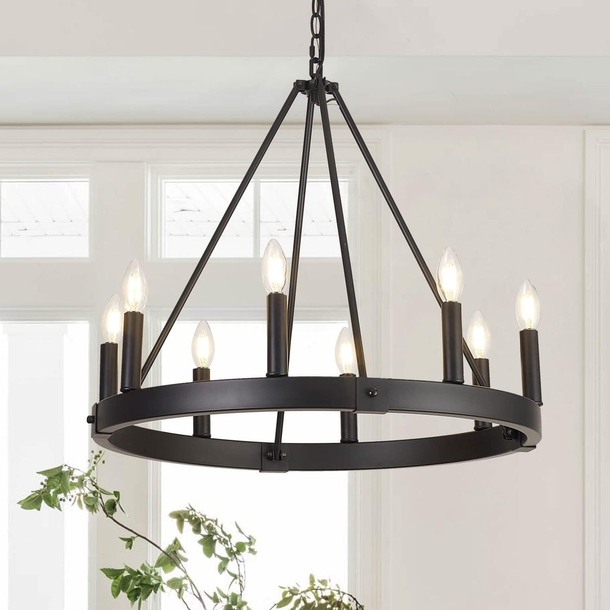 8 Lights Farmhouse Wagon Wheel Chandelier, Black, D24 Round
