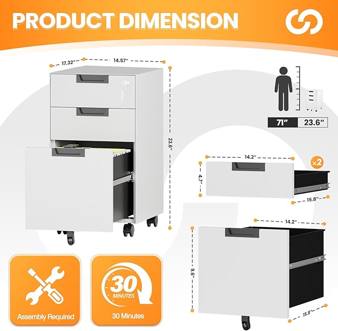 3 Drawer File Cabinet with Lock, Fully Assembled Metal Mobile Filing Cabinets