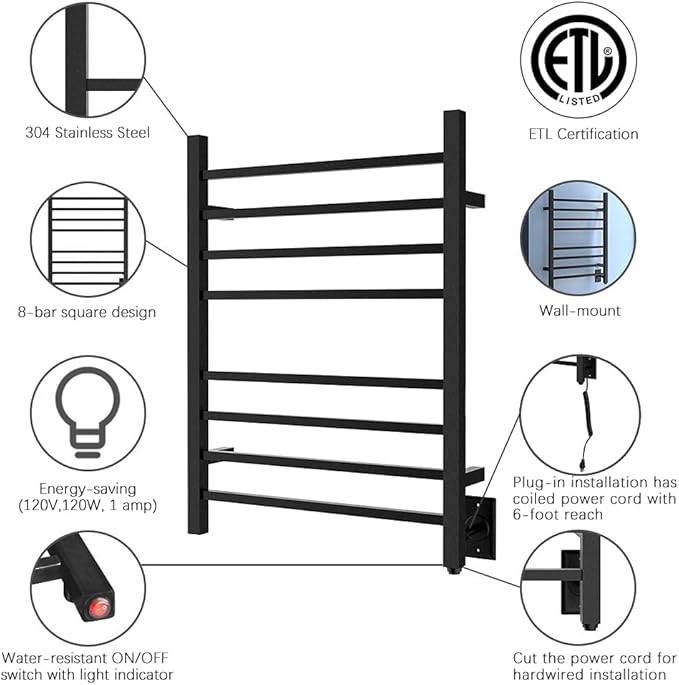 HEATGENE Towel Warmer, Heated Towel Warmer Rack, Wall-Mounted Hardwired/Plug-in