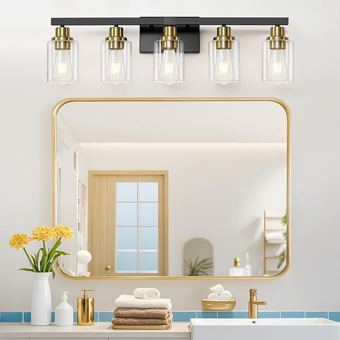 DIKAIDA 5-Light Black and Gold Bathroom Vanity Light, Bathroom Light Fixtures