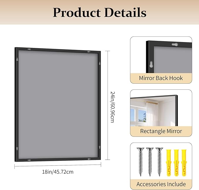 Black Bathroom Mirror for Wall, 18x24 Inch Rectangle Mirror