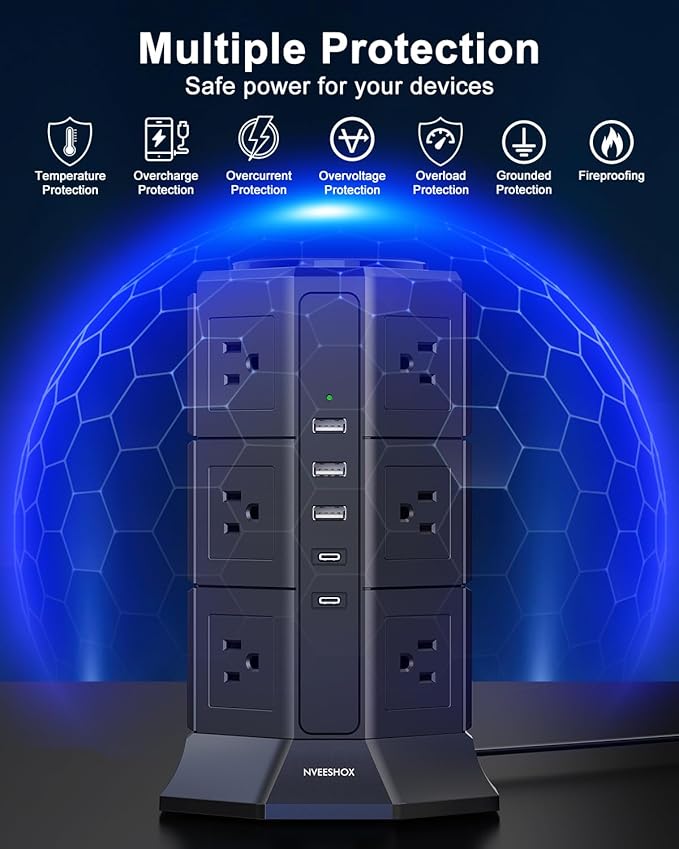 Surge Protector Power Strip Tower, 10FT Ultra Flat Extension Cord