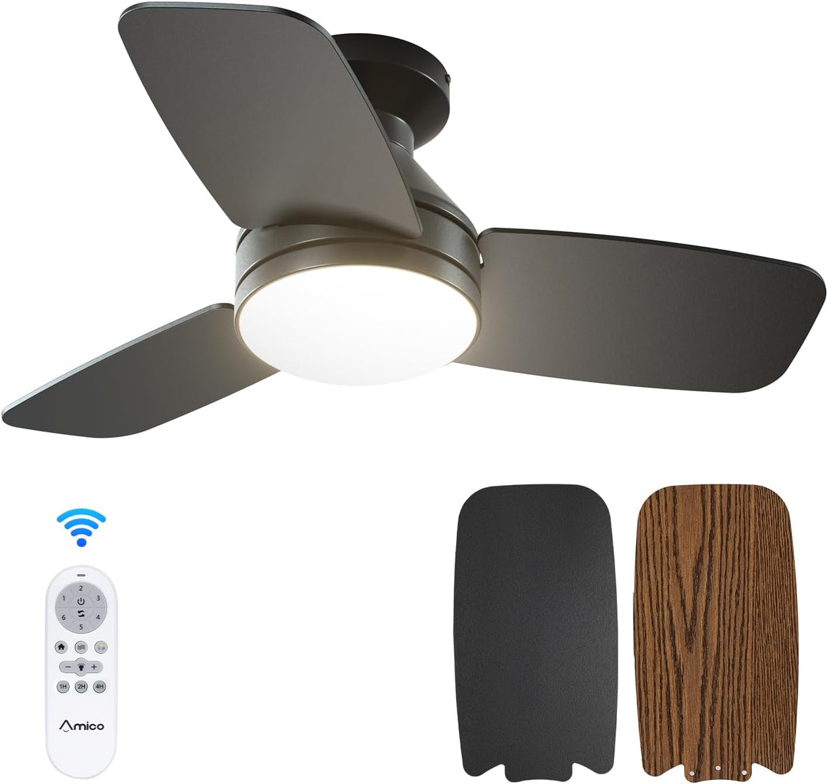 Amico 30 Inch Black Low Profile Ceiling Fans with Lights and Remote