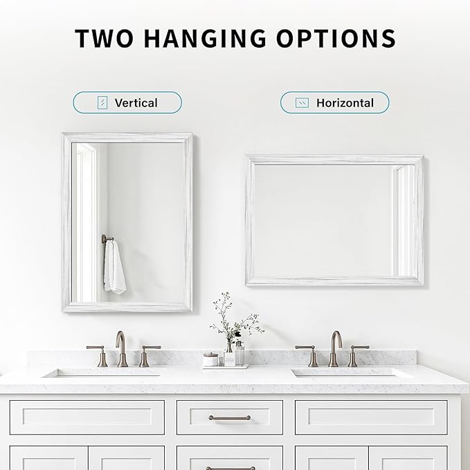 White Wood Effect Framed Wall Mirror, 24x36 Rectangle Mirror, Anti-desilvering
