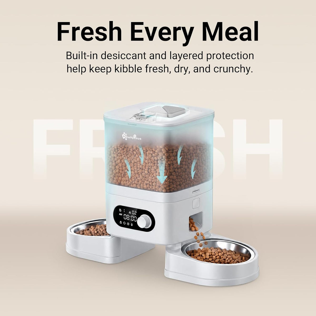 DownyPaws Automatic Cat Feeder 2 Cats, Rechargeable Timed Food Dispenser WH