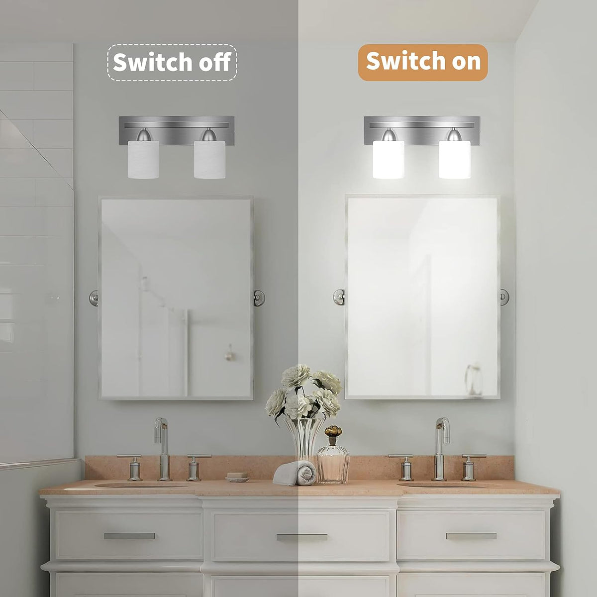 Bathroom Vanity Light Fixture - Over Mirror - Modern Glass Shade - Brushed Ni...