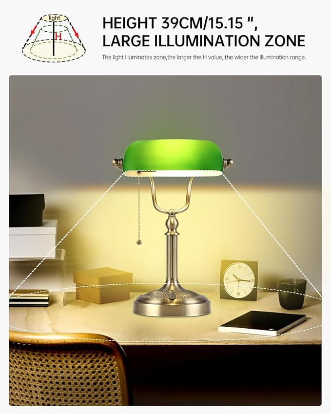 Newrays Green Glass Bankers Desk Lamp, Stepless Dimmable Table Lamp Plug in