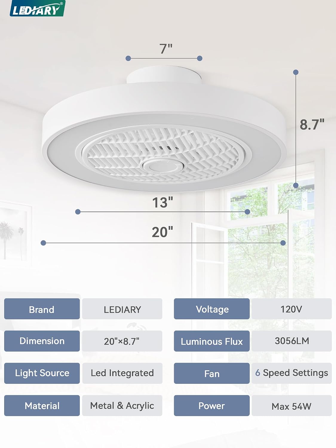 LEDIARY 20 Inch Low Profile Bladeless Enclosed LED Ceiling Fan Light, White