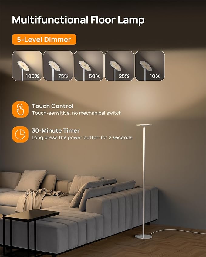 TROND Floor Lamp, 5000LM Super Bright Sky LED Modern Torchiere Standing Lamp