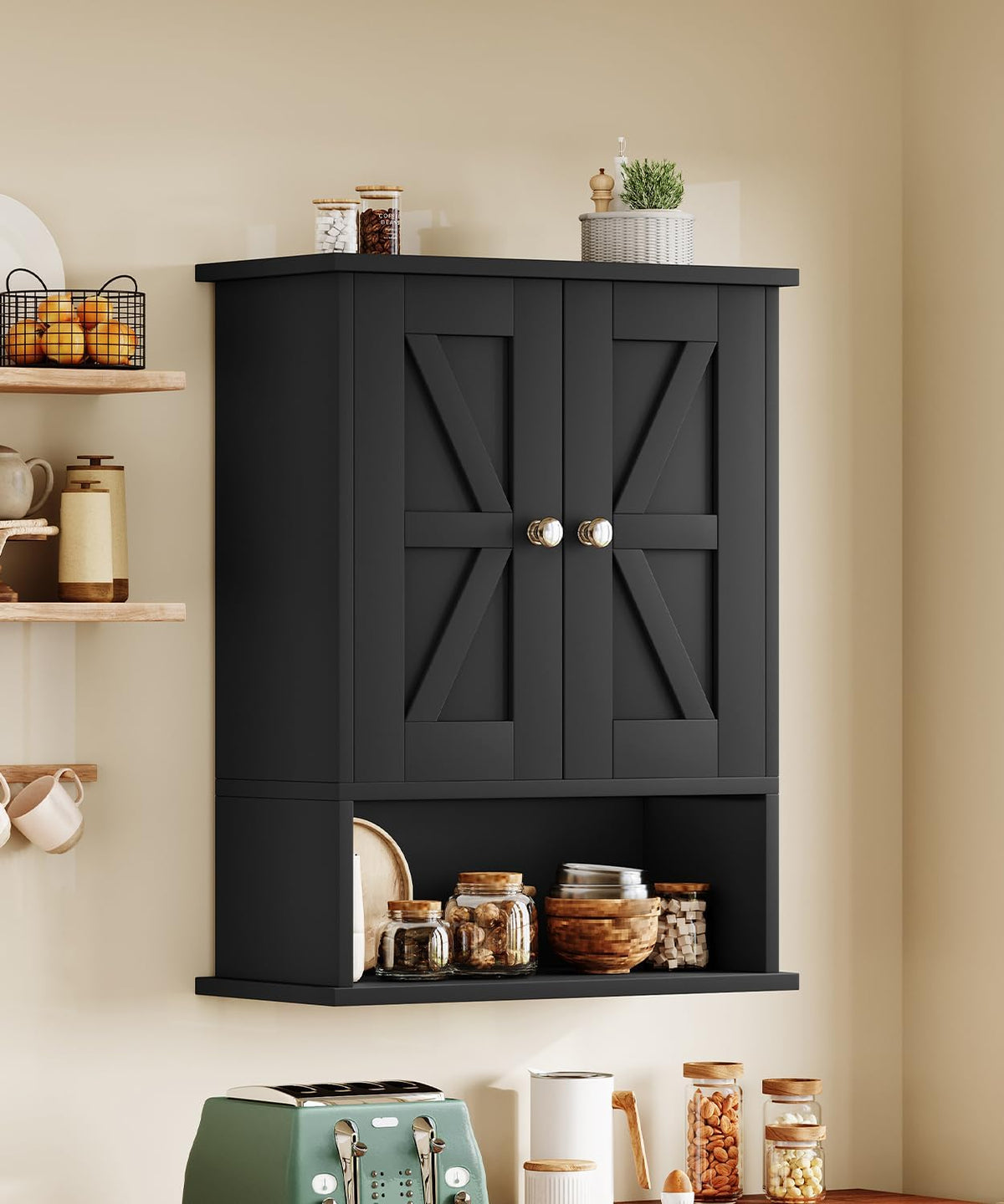Keehusux Small Black Medicine Cabinet with 2 Barn Doors