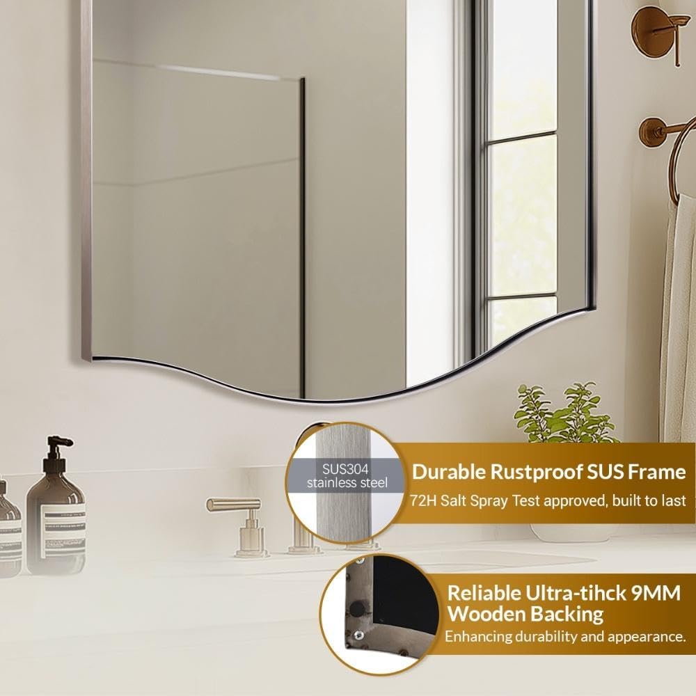Brushed Nickel Bathroom Mirror, 22"x30" Scalloped Wall Mirror in St...