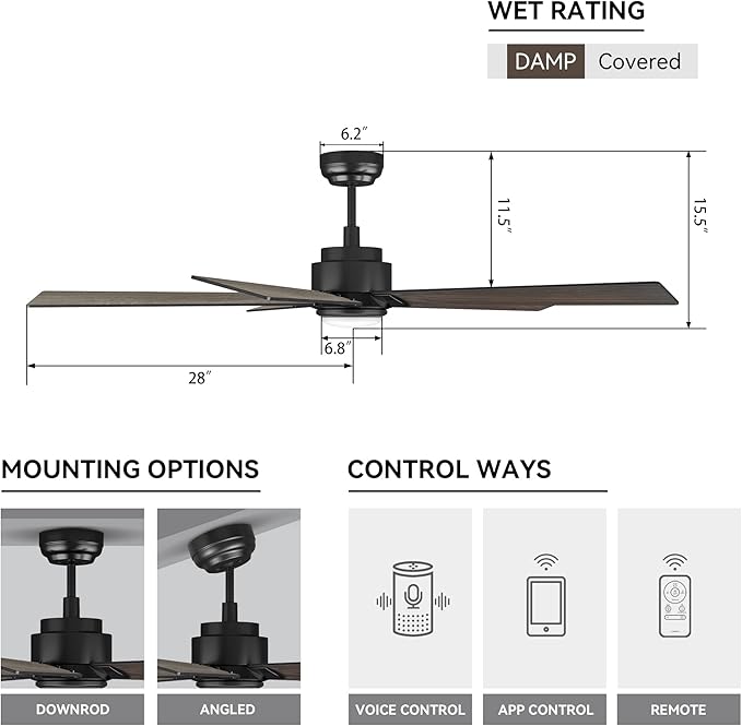 SMAAIR Smart Ceiling Fan with Light, 56inch Indoor and Outdoor ceiling fan with