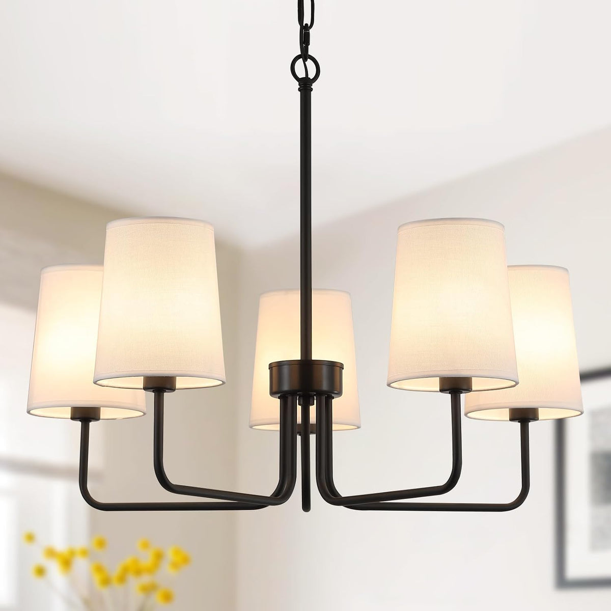 Farmhouse Chandelier, Matte Black with White Fabric Shade, Farmhouse Linear I...
