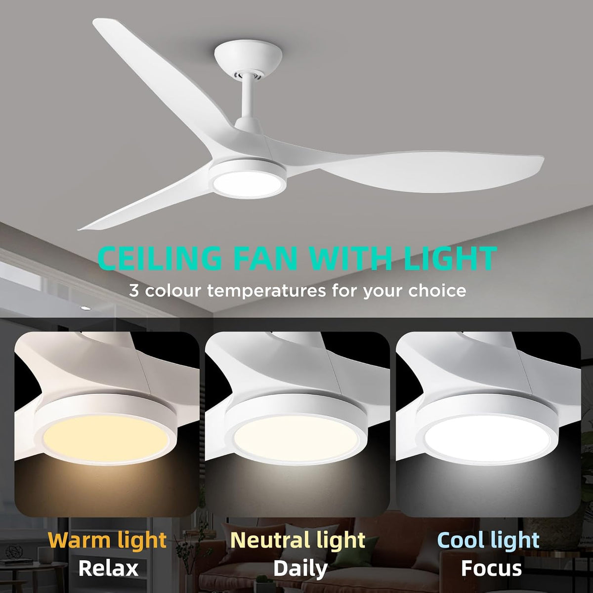 Roomratv 52 Inch White Ceiling Fans with Lights and Remote, Large Airflow