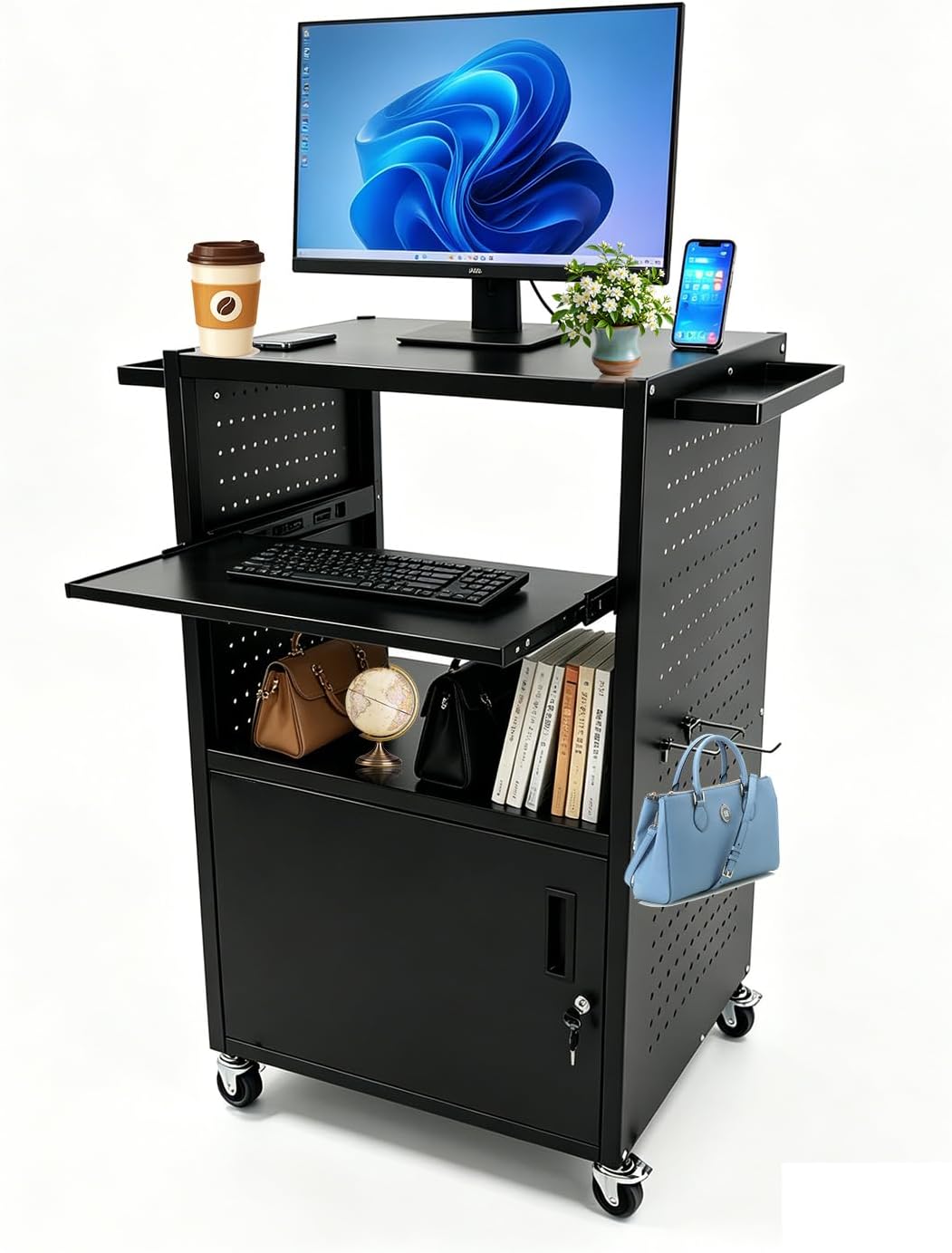 Upgraded AV Cart with Power Strip, Mobile Media Workstation with Pegboard &am...