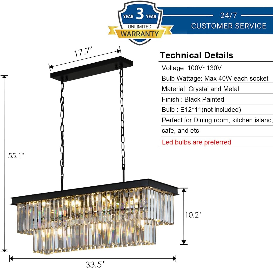 Weesalife Black Crystal Chandeliers for Dining Room，11-Lights L33.5 Inch