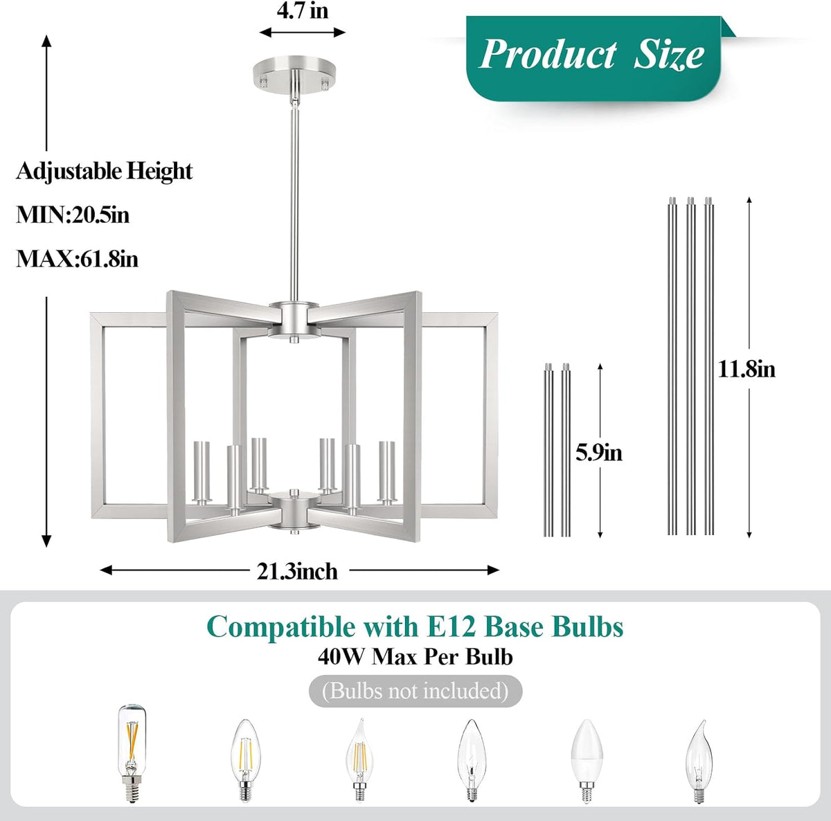 20"-62" Height Adjustable Brushed Nickel Kitchen Chandelier for Din...