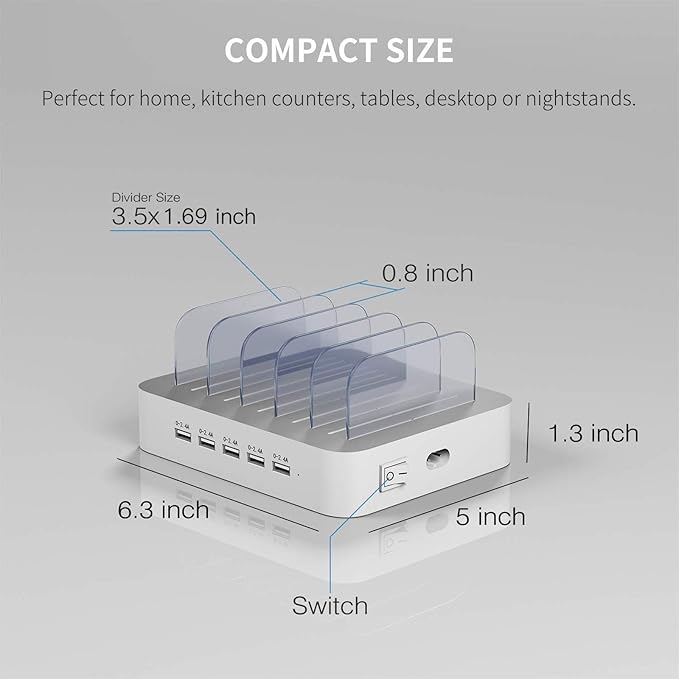 MSTJRY Charging Station for Multiple Devices : 5 Port Multi USB-A Charger