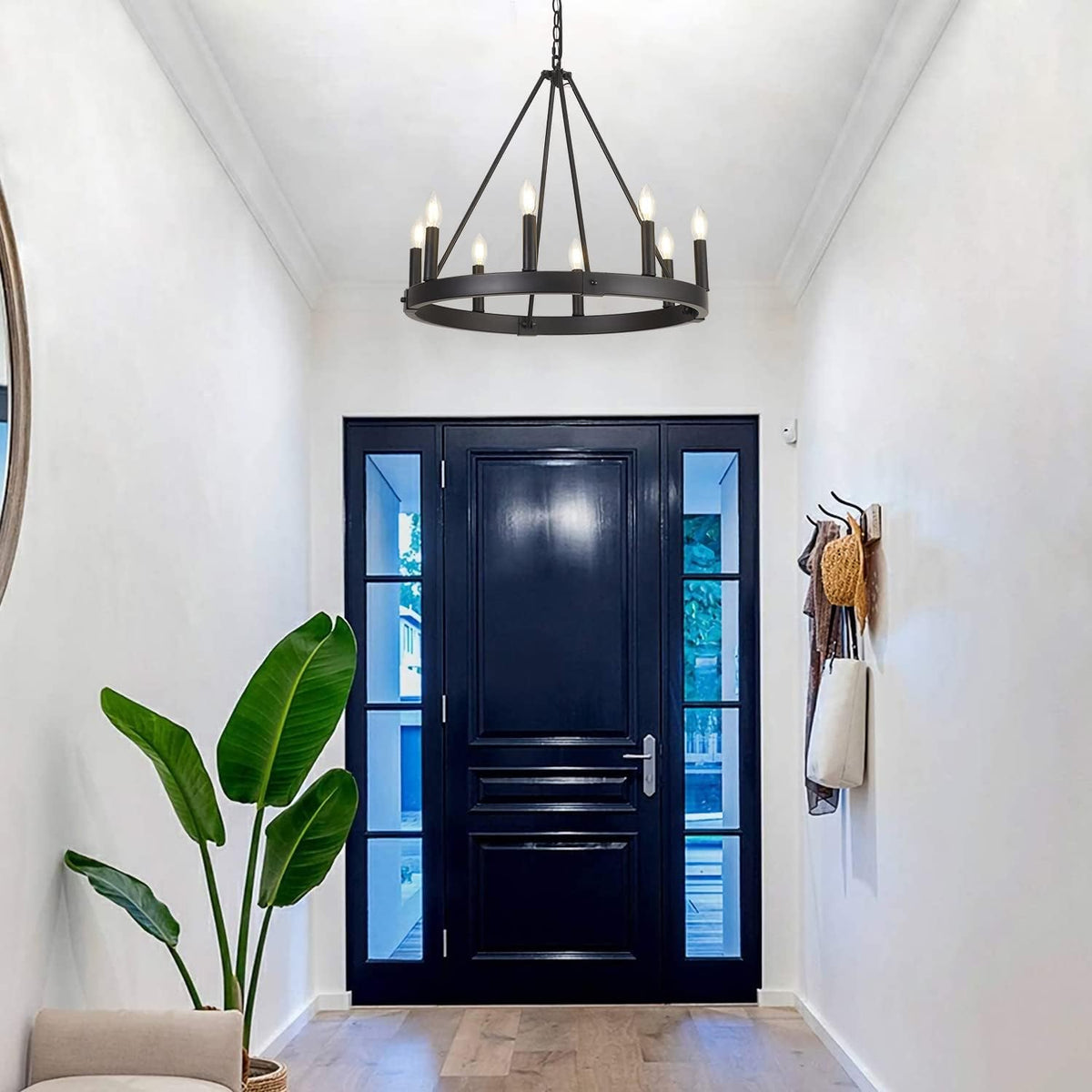 8 Lights Farmhouse Wagon Wheel Chandelier, Black, D24 Round