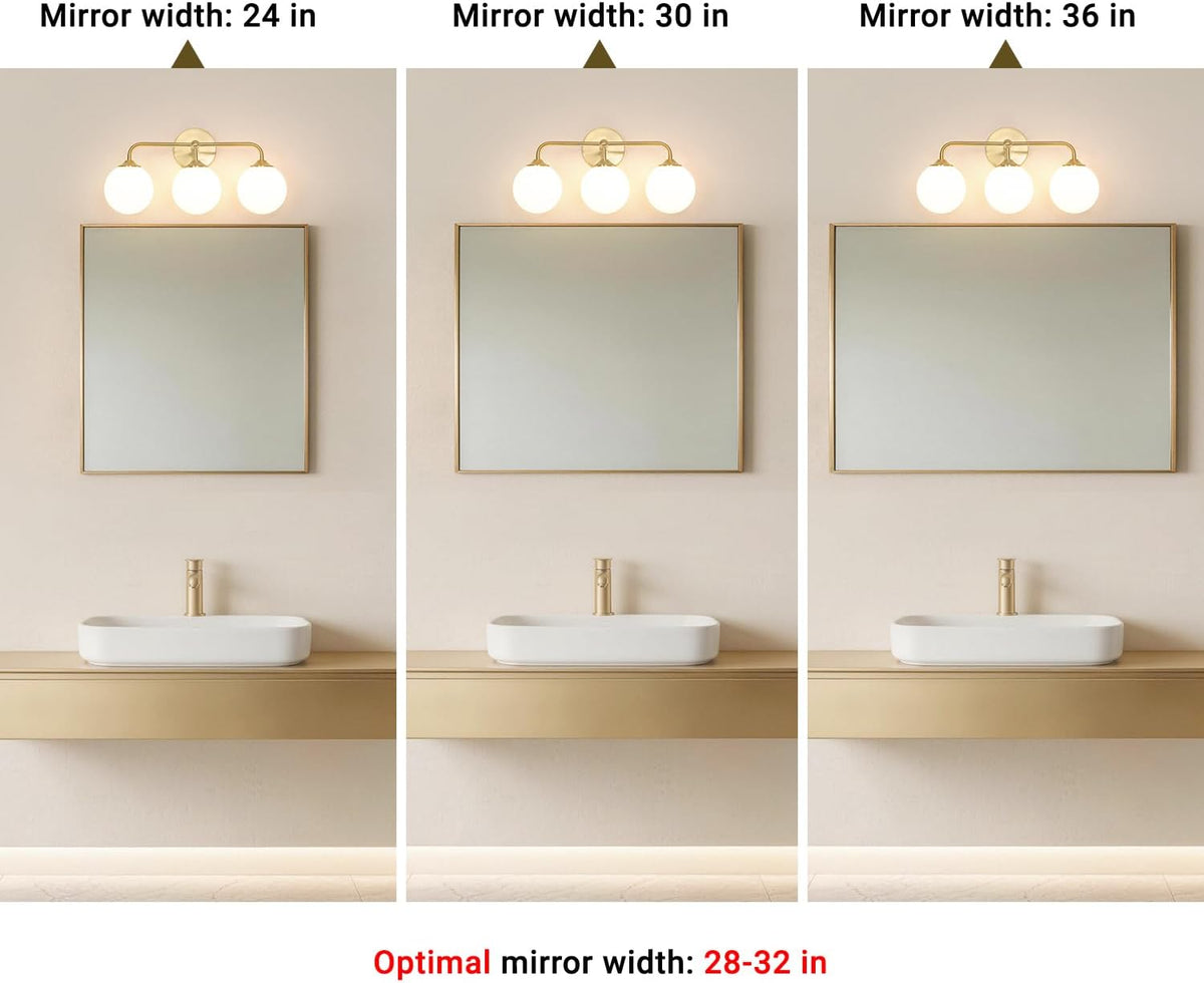 Modern Brushed Gold 3-Lights Vanity Light Fixtures with Milky White Glass Bal...