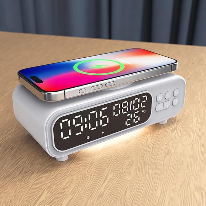 IHAO 5in1 Alarm Clock with Wireless Charging Night Light 15W Fast Charger