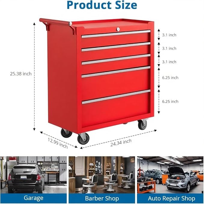 IDEALHOUSE Rolling Tool Chest, 5 Drawers Tool Storage Cabinet, Toolbox