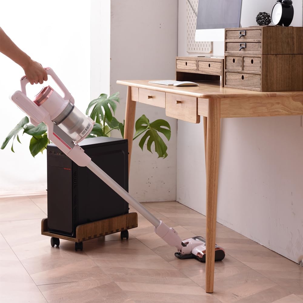 KIRIGEN Wood Computer Tower Stand with Wheels, Rolling PC Cart, Brown