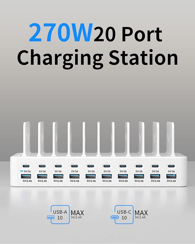 270W Charging Station for Multiple Devices, 20-Port USB Fast Charging Station