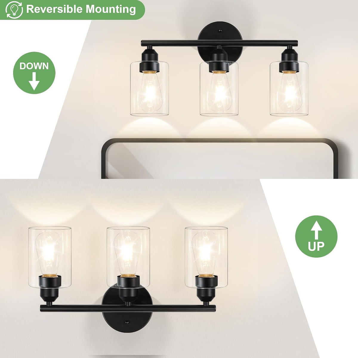 3-Light Black Modern Bathroom Vanity Light Fixtures, 17.3"