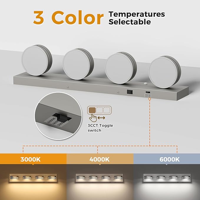 26" Motion Sensor Vanity Light Brushed Nickel, 3CCT 4-Light Modern LED B...
