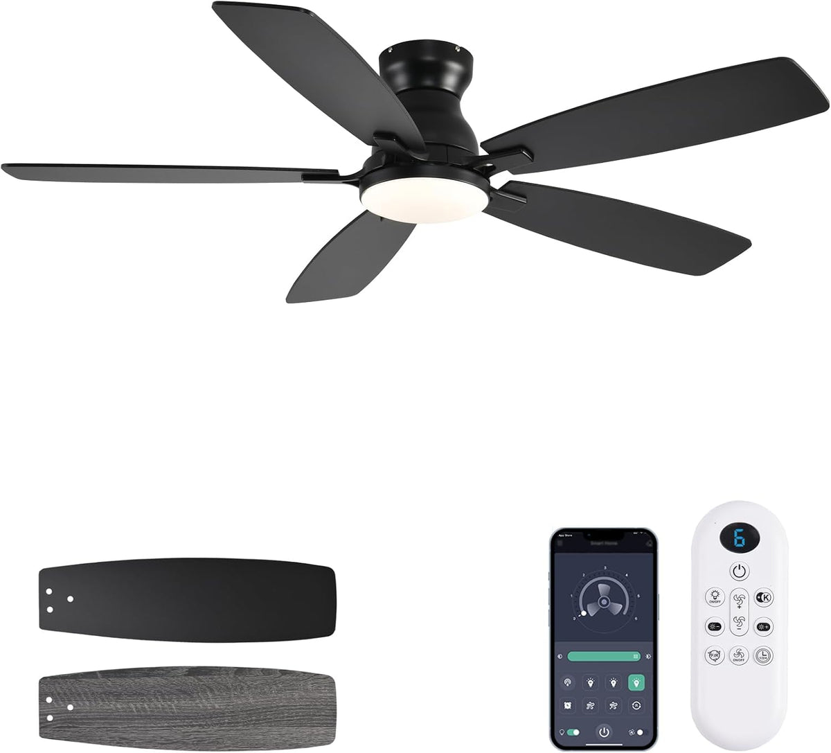 JSAITEE Ceiling Fans with Lights, 52 Inch Low Profile Ceiling Fan with Light ...