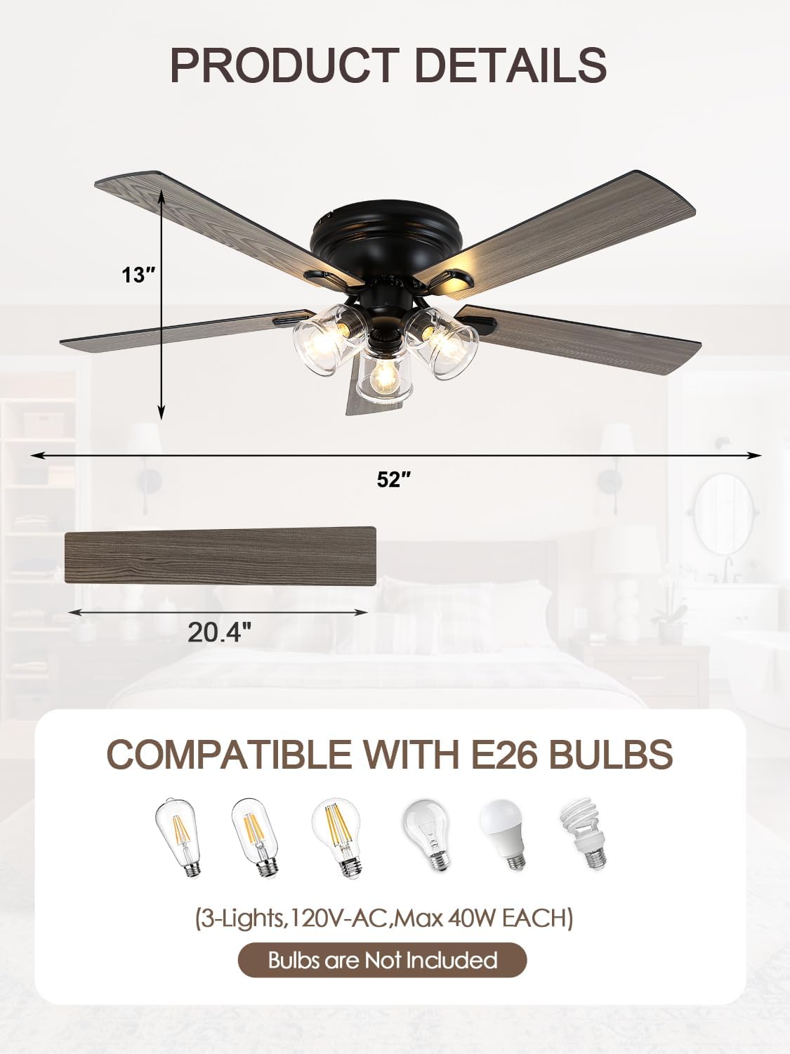 52 Inch Vintage Ceiling Fan with Light and Remote Control