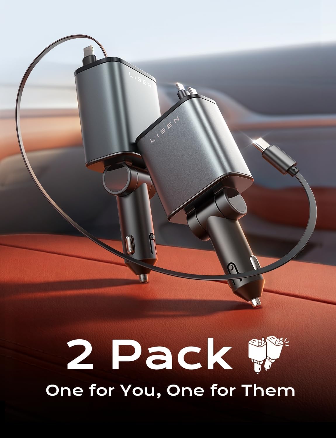 LISEN Retractable Car Charger, 84W Car Adapter USB C Fast Charger, 2 Pack
