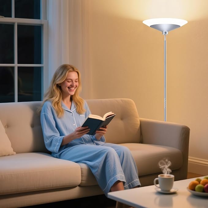 SIBRILLE Silver Torchiere Floor Lamp - 30W Dimmable LED Standing Lamp