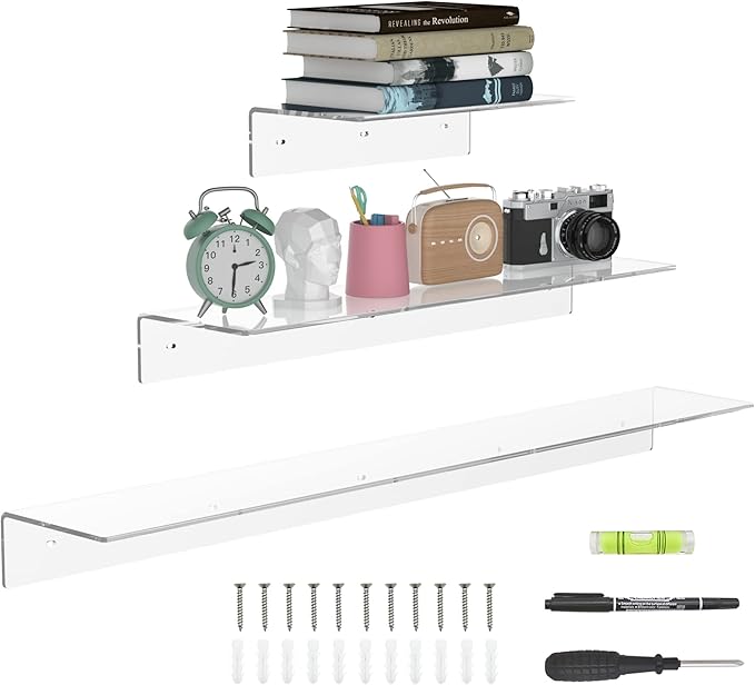 Acrylic Wall Shelves 36 24 12 Inches, Wall Mounted Display Shelves