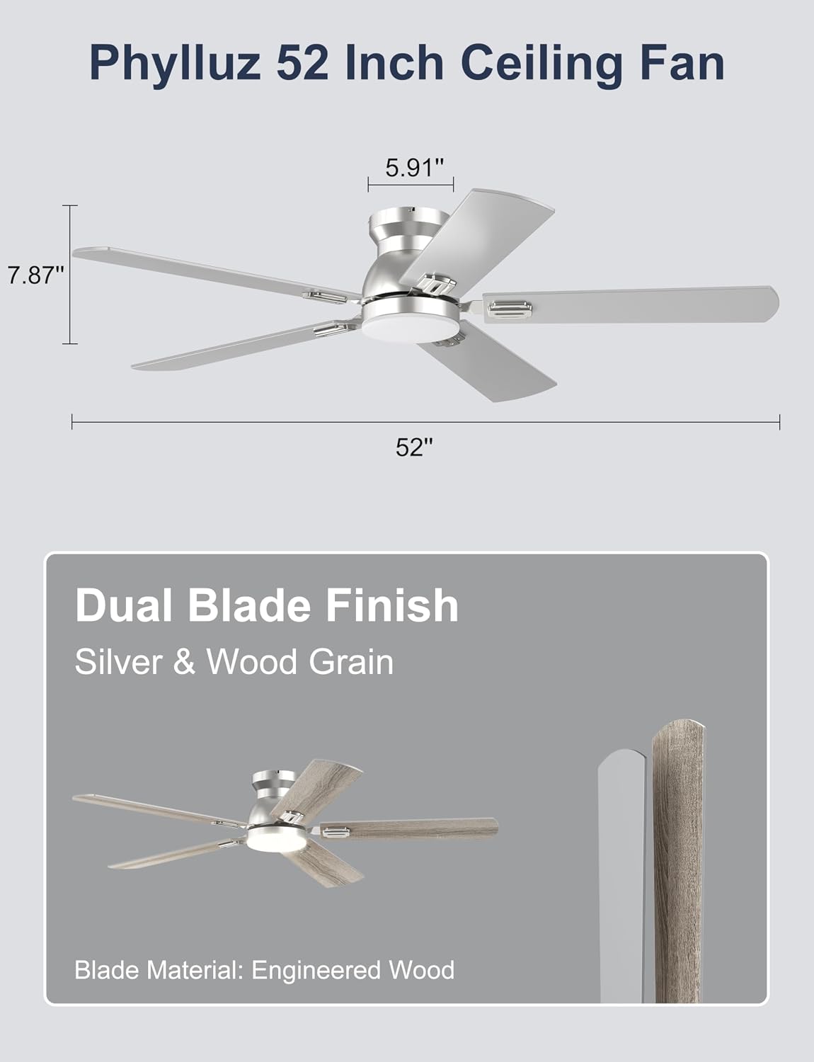 52'' Silver Flush Mount Ceiling Fan with Lights for Bedroom