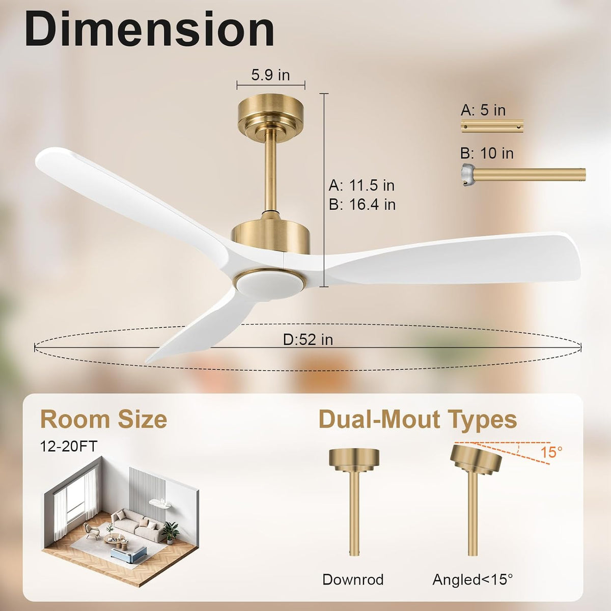 52 Inch Modern White and Gold Ceiling Fans with Lights and Remote