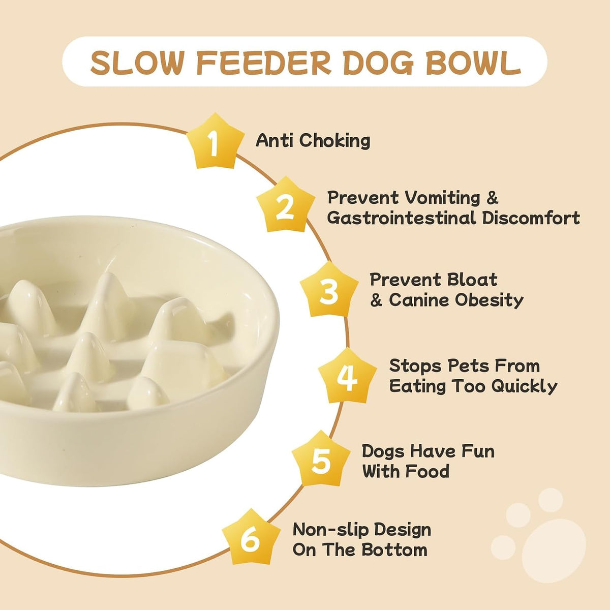 Ceramic 0.9 Cup Raised Slow Feeder Dog Bowl Set, Elevated 6.1inch Slow Dish and