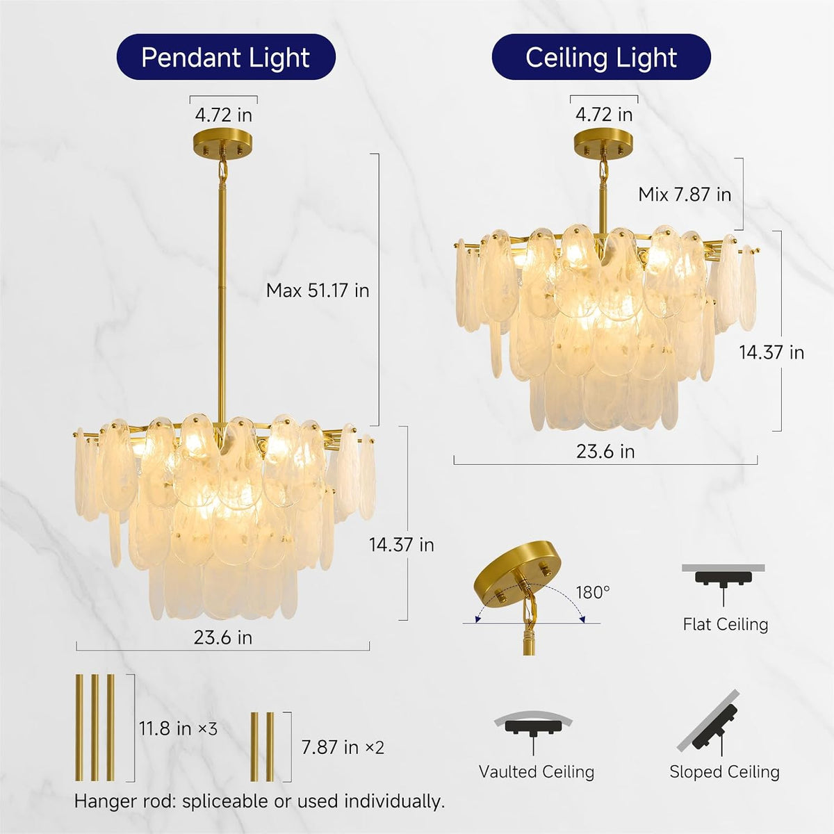 Brushed Gold Cloud Glass Chandelier, 23.6" Modern Dining Room Light Fixture