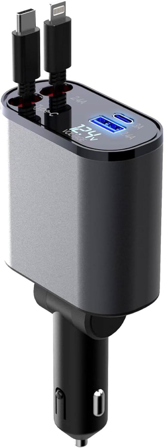 159W GaN 5-in-1 Retractable Car Charger, Dual Cig Lighter, 180° Adjust