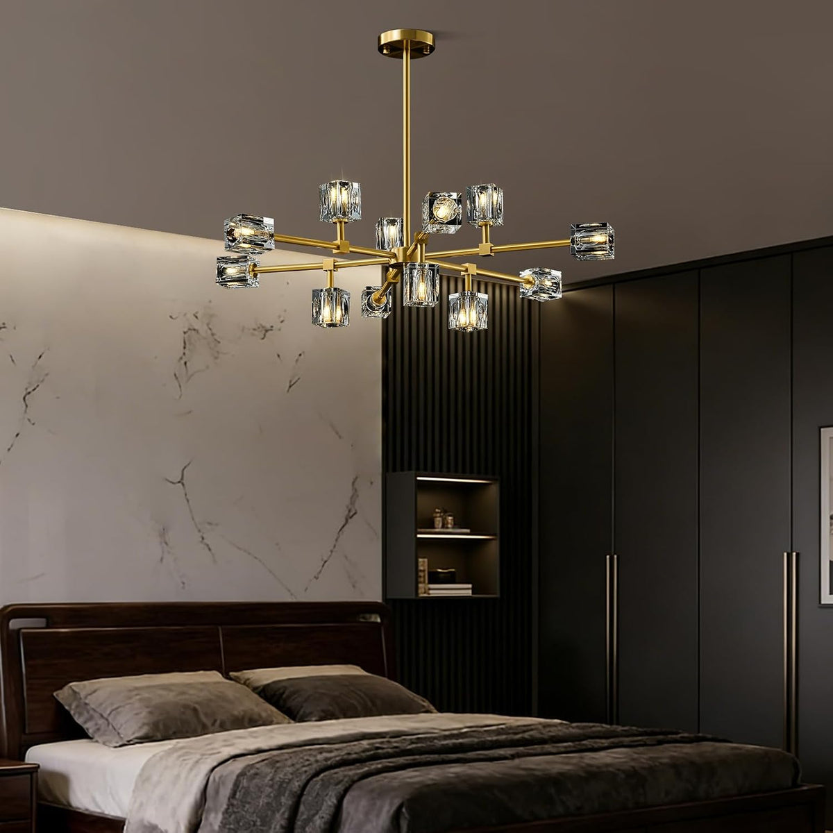 Modern Sputnik Crystal Brass Chandelier: Gold Dining Room Living Room Light