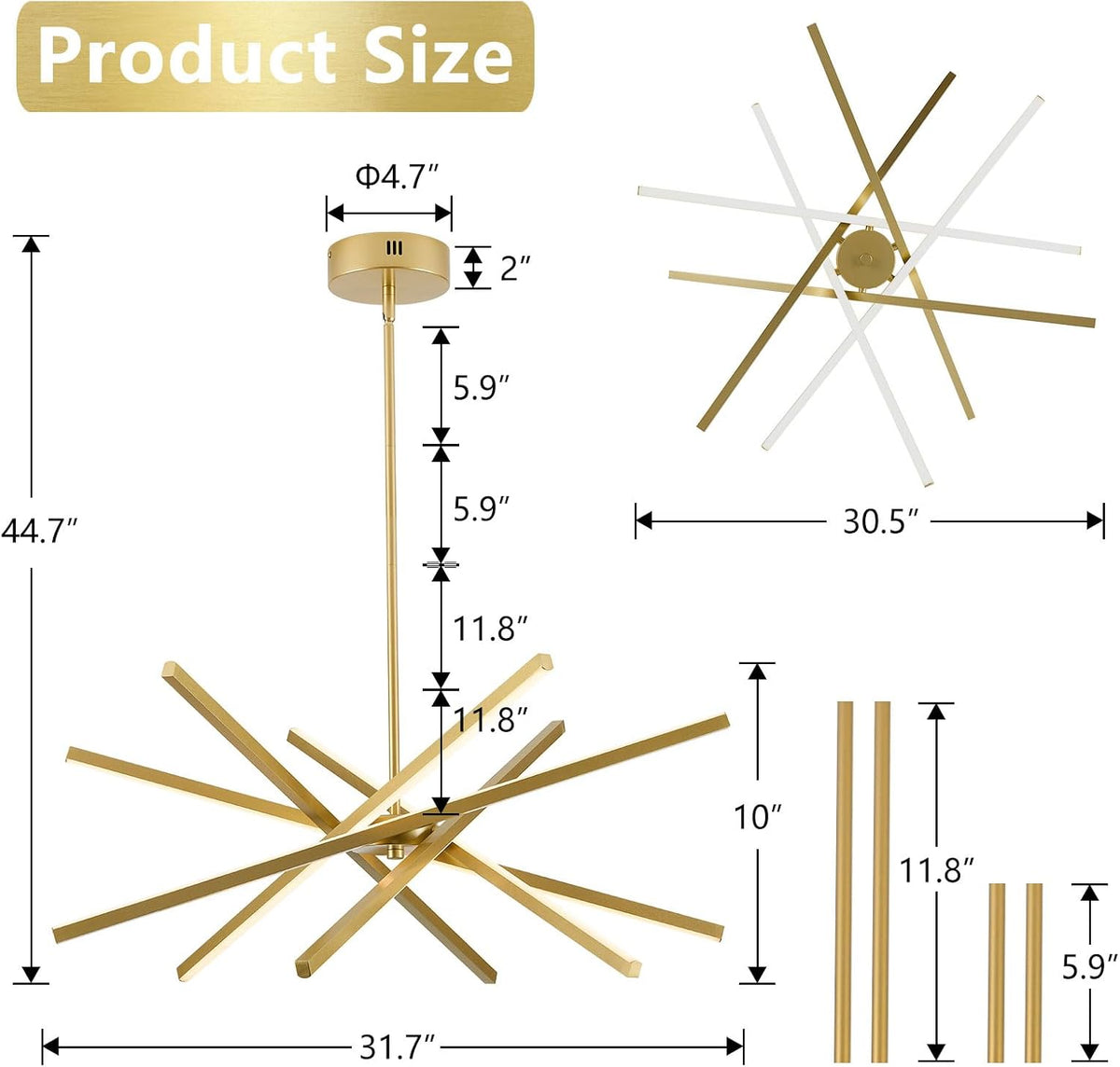 Modern LED Gold Chandelier Over Table, 3000K 4500K 6000K Dimmable